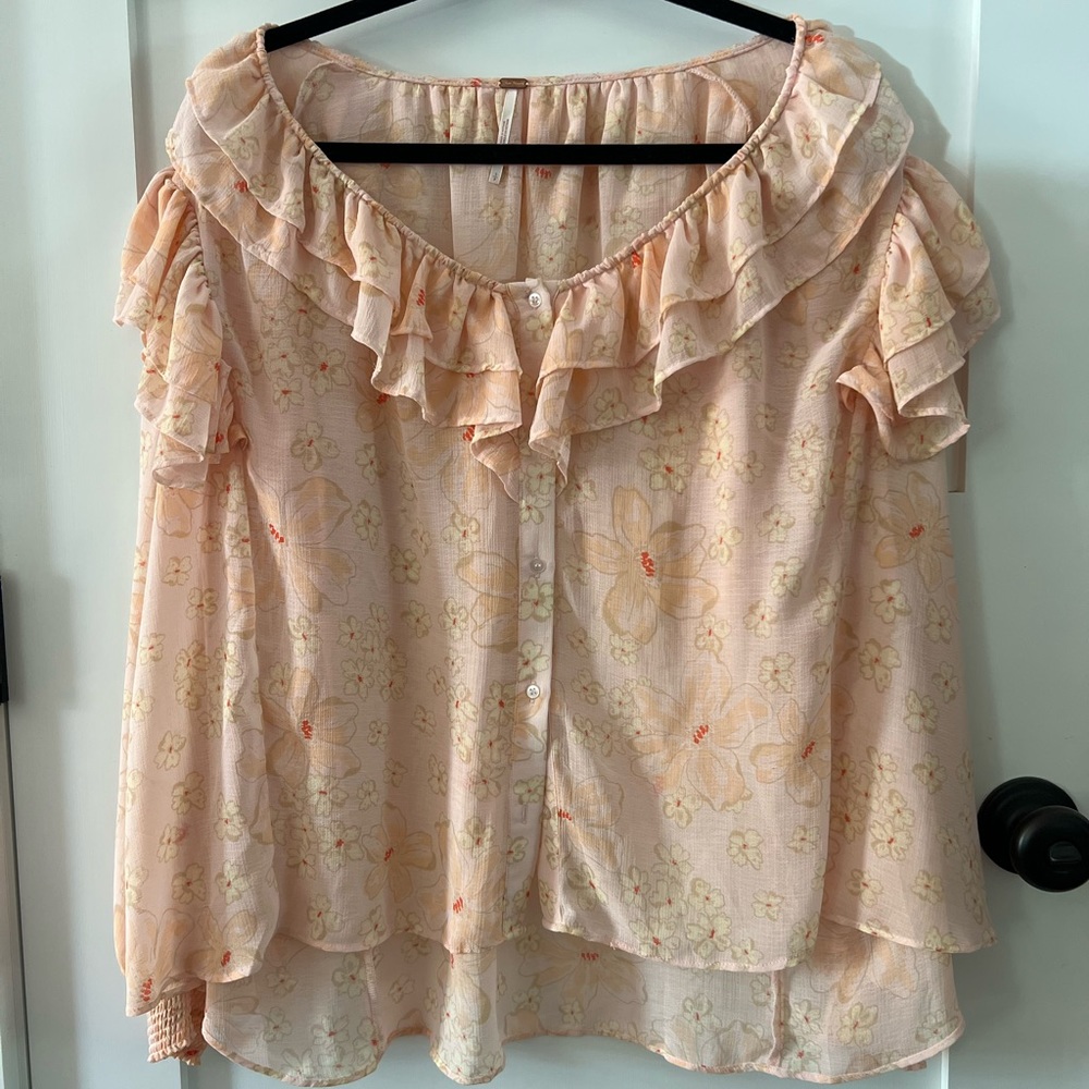 Free People Cherry Blossom Sheer Bright Floral Blouse 

(Oversized small)